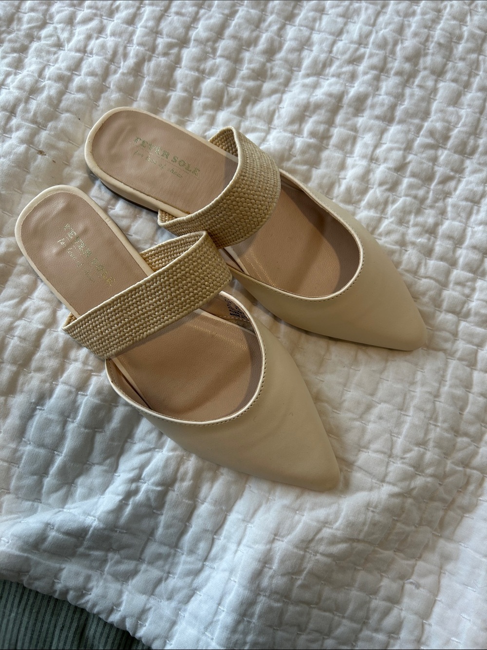 Pointed Beige Slip-On Mules with Woven Strap